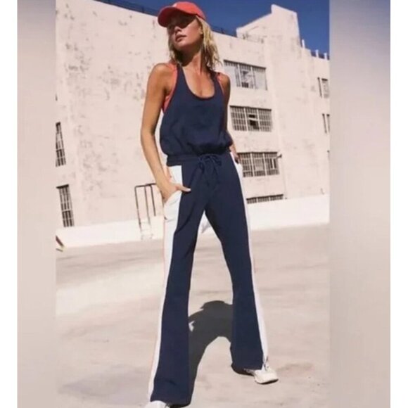 Free People Movement Flow Flare one piece Jumpsuit navy sz M - Picture 1 of 9